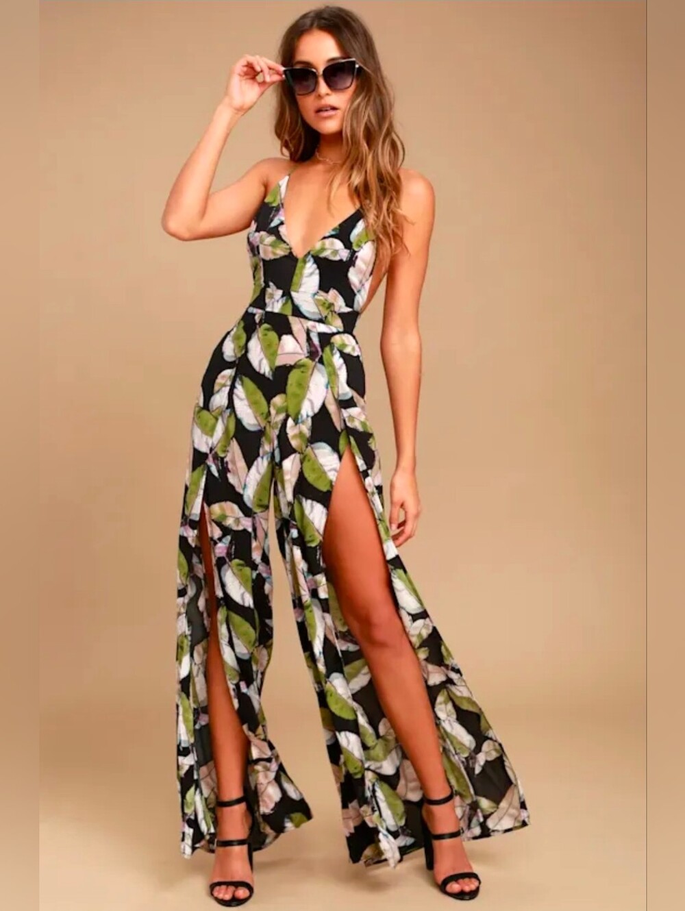 Lulus San Tropez Black Print Jumpsuit Tropical Bohemian Long Slit sz M